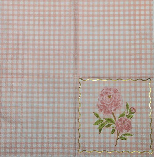 TWO Individual Paper Cocktail Decoupage Napkins - 2768 Pink Checkered Peonies