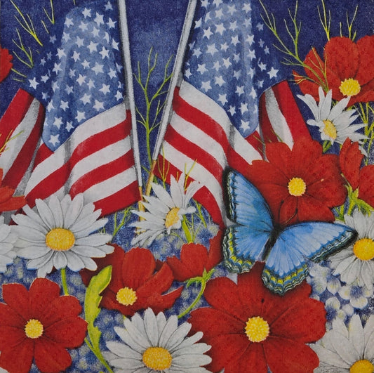 TWO Individual Paper Cocktail Decoupage Napkins - 2773 Red White & Bloom Flags