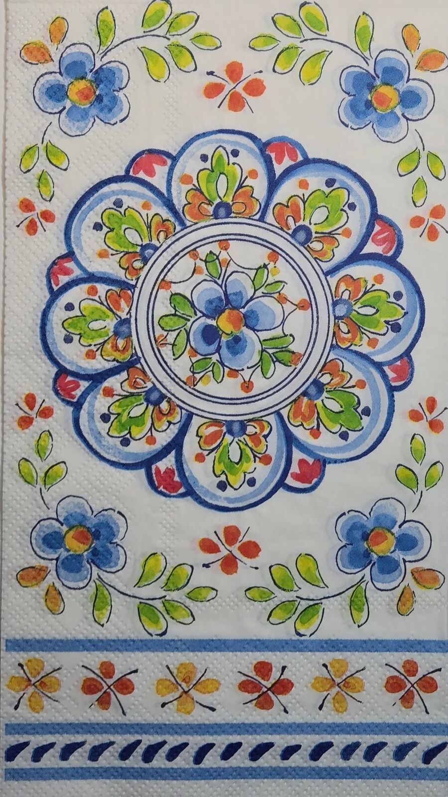 TWO Individual Paper Guest Decoupage Napkins- 2640 Folk Medallion w Green Leaves