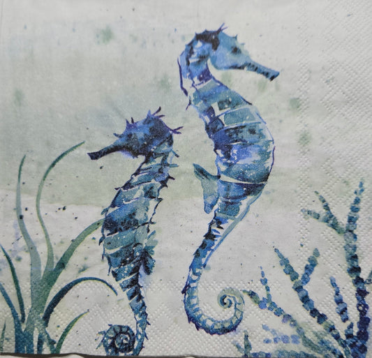 TWO Individual Paper Cocktail Decoupage Napkins- 2779 Aquaworld Blue Sea Horses