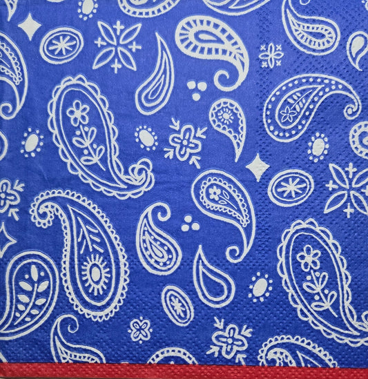 TWO Individual Paper Cocktail Decoupage Napkins - 2771 Blue Bandana w Red Border