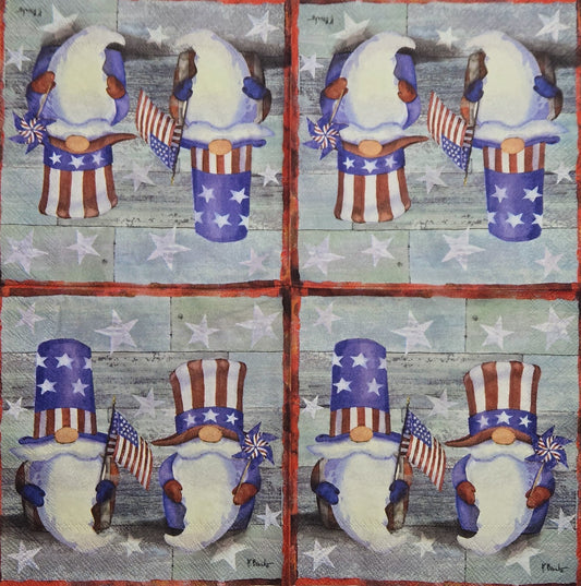 TWO Individual Paper Cocktail Decoupage Napkins - 2823 4th of July Uncle Gnomes
