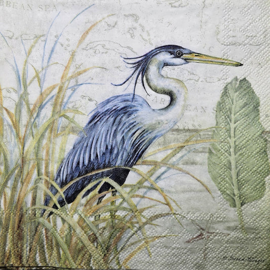 TWO Individual Paper Cocktail Decoupage Napkins - 2781 Great Blue Heron on Grass