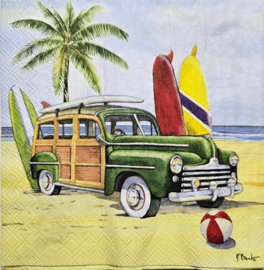 2 Individual Paper Cocktail Decoupage Napkins-2784 Huntington Woody w Surfboards