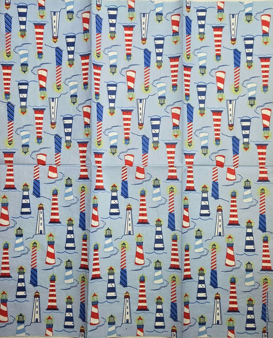 TWO Individual Paper Guest Decoupage Napkins - 2808 Red White & Blue Lighthouses