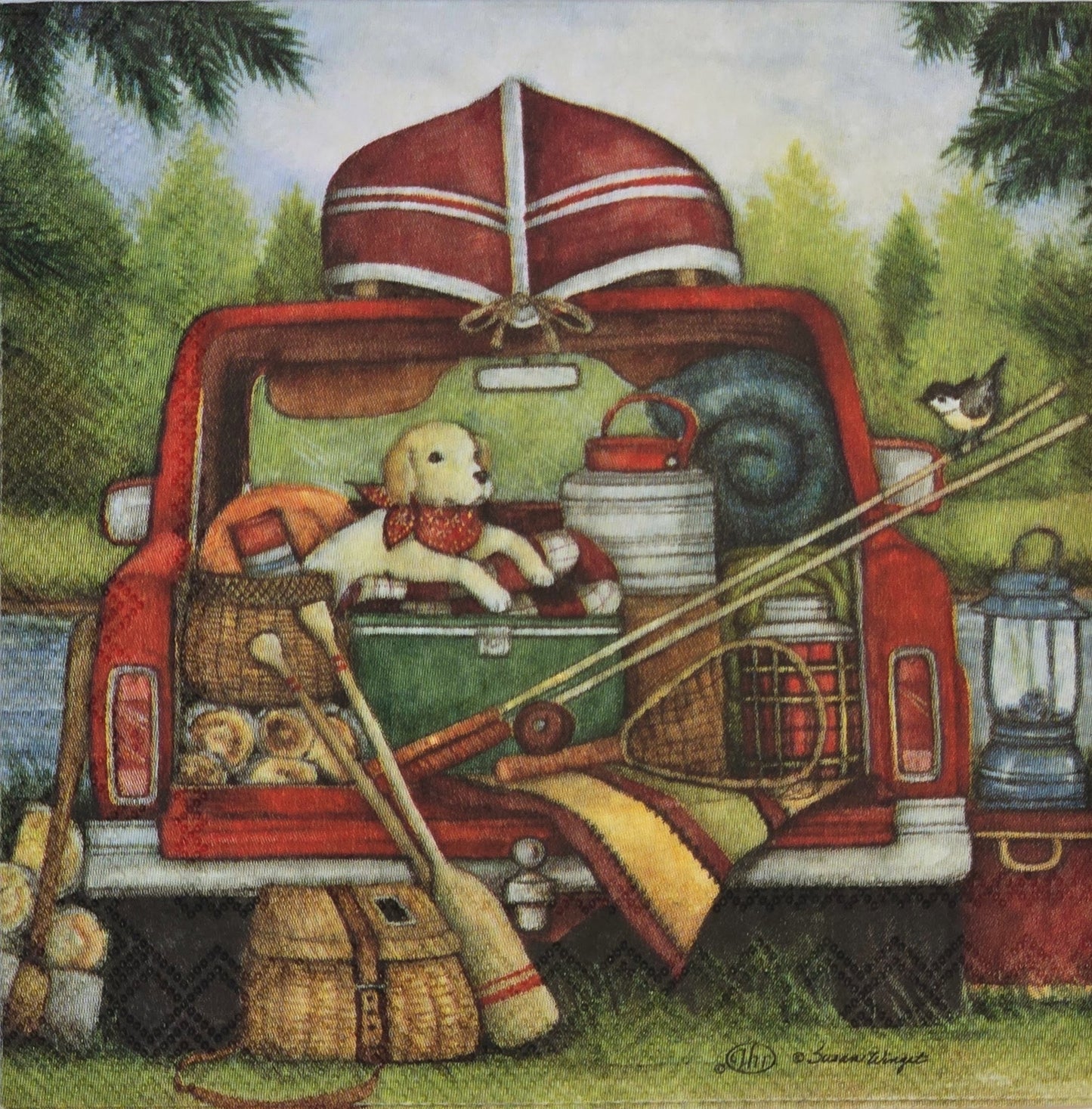 TWO Individual Paper Cocktail Decoupage Napkins - 2775 Dog in Truck Camp Canoe