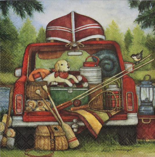 TWO Individual Paper Cocktail Decoupage Napkins - 2775 Dog in Truck Camp Canoe