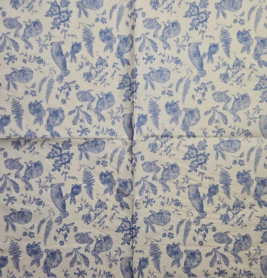 TWO Individual Paper Cocktail Decoupage Napkins - 2824 Blue Bunny Garden