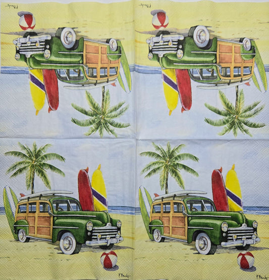 2 Individual Paper Cocktail Decoupage Napkins-2784 Huntington Woody w Surfboards