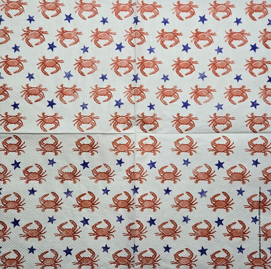 TWO Individual Paper Cocktail Decoupage Napkins - 2778 Red White and Blue Crabs