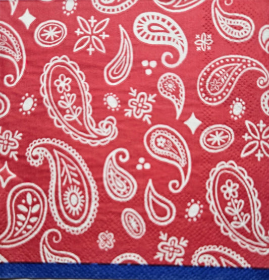 TWO Individual Paper Cocktail Decoupage Napkins - 2770 Red Bandana w Blue Border