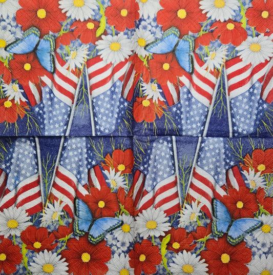 TWO Individual Paper Cocktail Decoupage Napkins - 2773 Red White & Bloom Flags