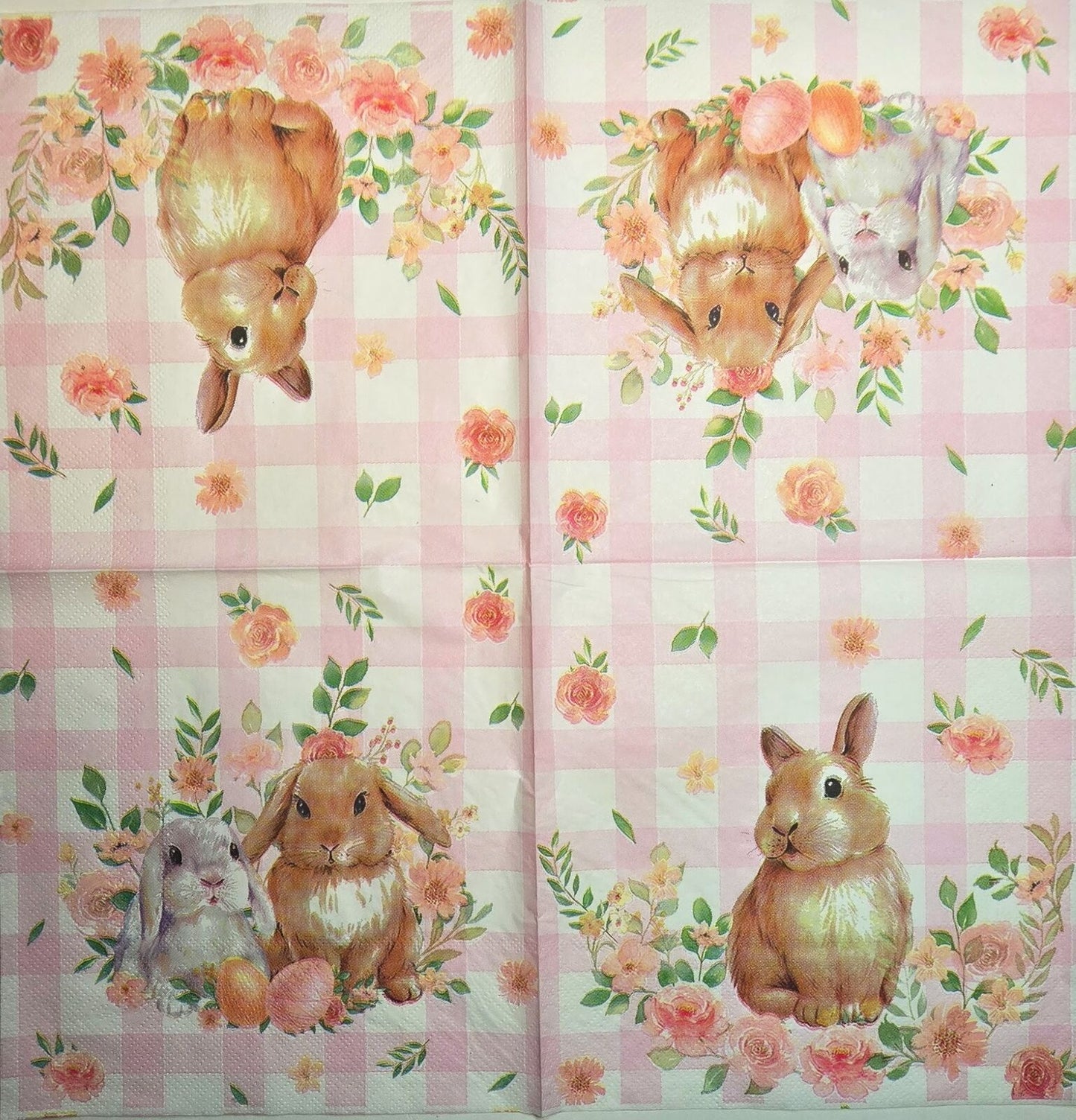 TWO Individual Paper Lunch Decoupage Napkins - 2637 Pink Plaid Bunny Friends