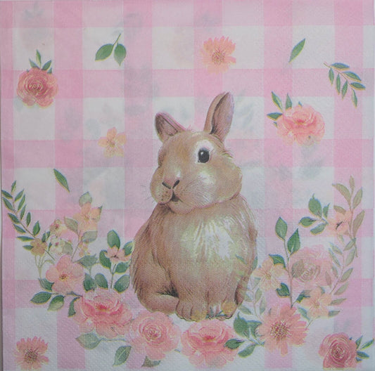 TWO Individual Paper Lunch Decoupage Napkins - 2637 Pink Plaid Bunny Friends