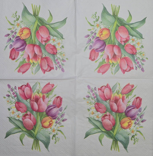 TWO Individual Paper Cocktail Decoupage Napkins - 2632 Summer Tulip Bouquet