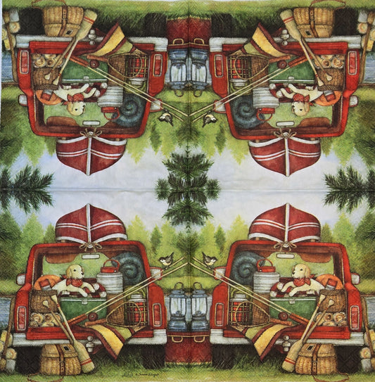 TWO Individual Paper Cocktail Decoupage Napkins - 2775 Dog in Truck Camp Canoe