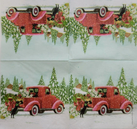 2 Individual Paper Cocktail Decoupage Napkins - 2473 Christmas Holiday Red Truck