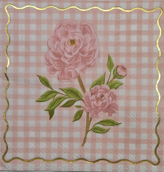 TWO Individual Paper Cocktail Decoupage Napkins- 2815 Romantic Pink Floral Check