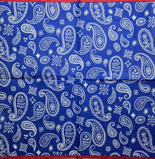 TWO Individual Paper Cocktail Decoupage Napkins - 2771 Blue Bandana w Red Border