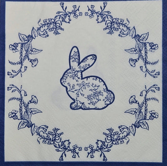 TWO Individual Paper Cocktail Decoupage Napkins - 2764 Blue Easter Bunny Wreath
