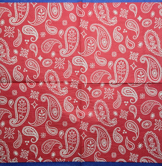 TWO Individual Paper Cocktail Decoupage Napkins - 2770 Red Bandana w Blue Border