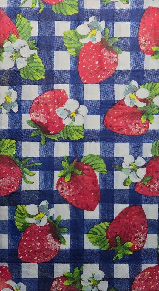 2 Individual Paper Guest Decoupage Napkins- 2642 Strawberries on Checked Blanket