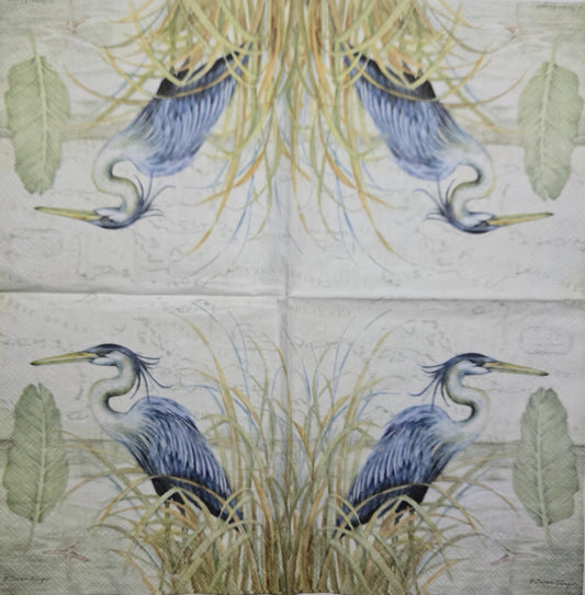 TWO Individual Paper Cocktail Decoupage Napkins - 2781 Great Blue Heron on Grass