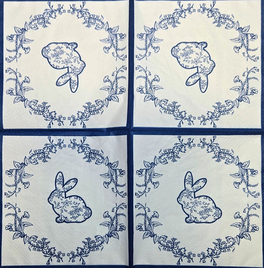 TWO Individual Paper Cocktail Decoupage Napkins - 2764 Blue Easter Bunny Wreath