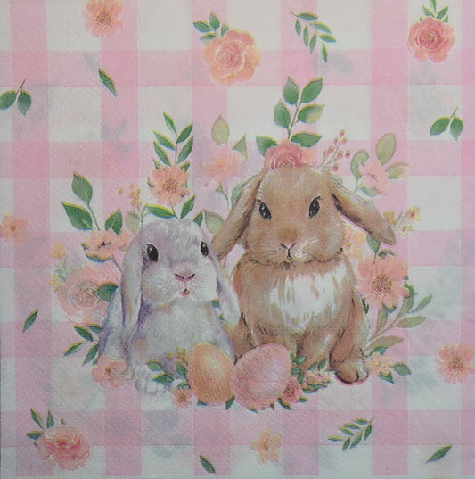 TWO Individual Paper Lunch Decoupage Napkins - 2637 Pink Plaid Bunny Friends