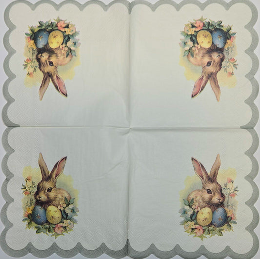 TWO Individual Paper Cocktail Decoupage Napkins - 2765 Scalloped Vintage Bunny
