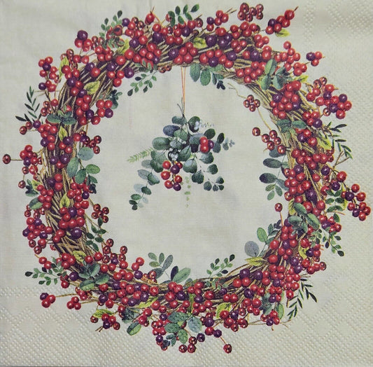 TWO Individual Paper Cocktail Decoupage Napkins- 2579 Red Berry Wreath