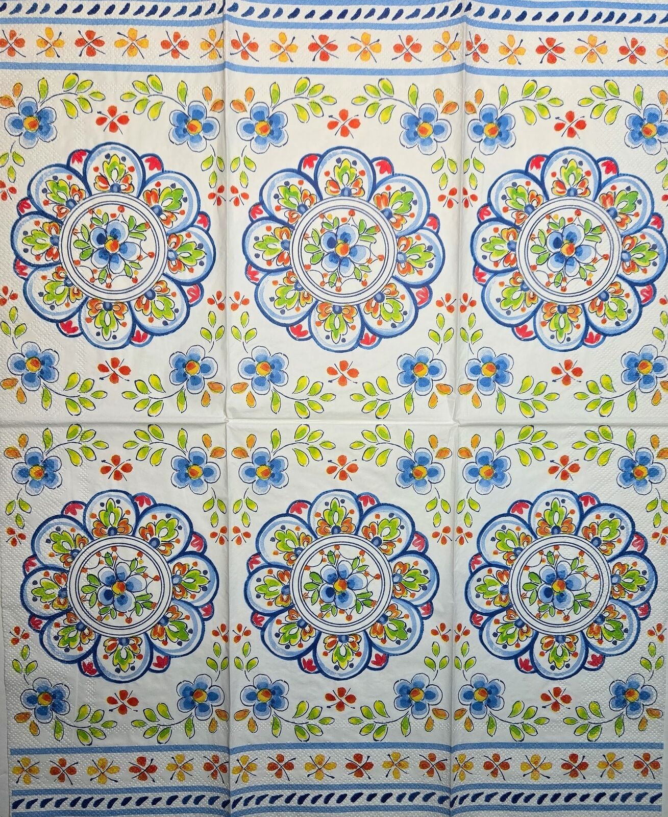 TWO Individual Paper Guest Decoupage Napkins- 2640 Folk Medallion w Green Leaves