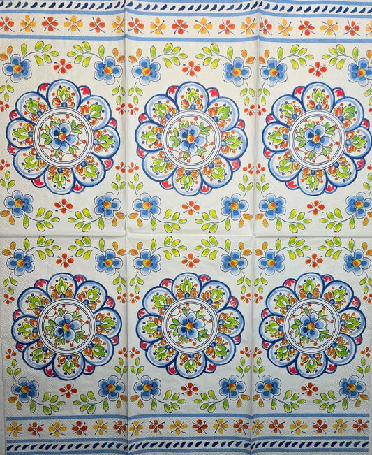 TWO Individual Paper Guest Decoupage Napkins- 2640 Folk Medallion w Green Leaves