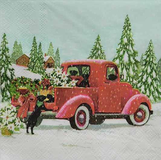 2 Individual Paper Cocktail Decoupage Napkins - 2473 Christmas Holiday Red Truck