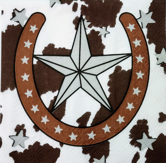 2 Individual Paper Cocktail Decoupage Napkins - 2060 Cowhide Horseshoe w Star