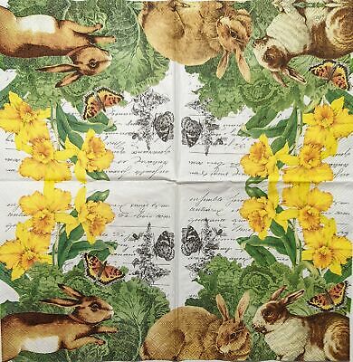 TWO Individual Paper Cocktail Decoupage Napkins - 1897 Bunnies in Cabbage Patch