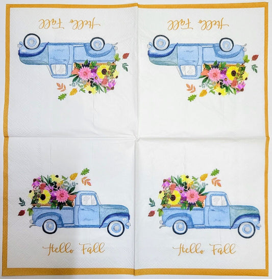 2 Individual Paper Cocktail Decoupage Napkins - 2090 Hello Fall Blue Truck