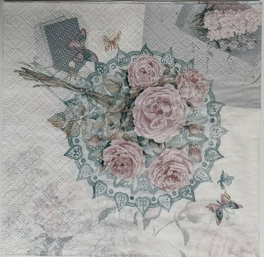 TWO Individual Paper Lunch Decoupage Napkins - Pink Rose Bouquet 1031