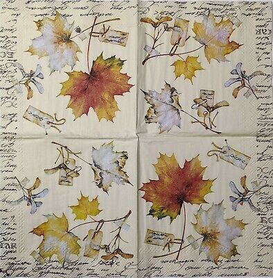 TWO Individual Paper Cocktail Decoupage Napkins - 1555 Maple Leaves w/ Script