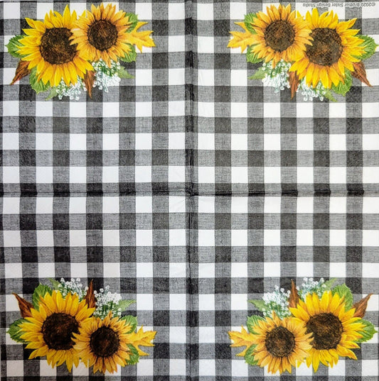 2 Individual Paper Cocktail Decoupage Napkins - 2086 Sunflower Check Fall Party