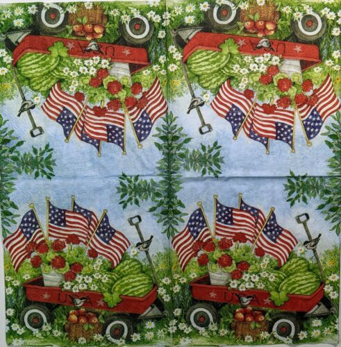 TWO Individual Paper Lunch Decoupage Napkins - Patriotic Wagon w/ Flags 1342