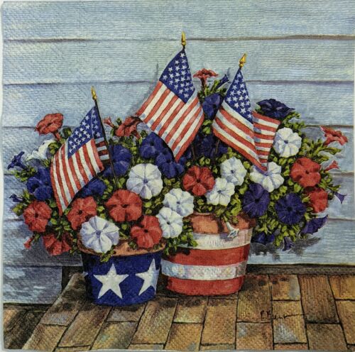 TWO Individual Paper Lunch Decoupage Napkins - Porch Patriotic Petunias 1341