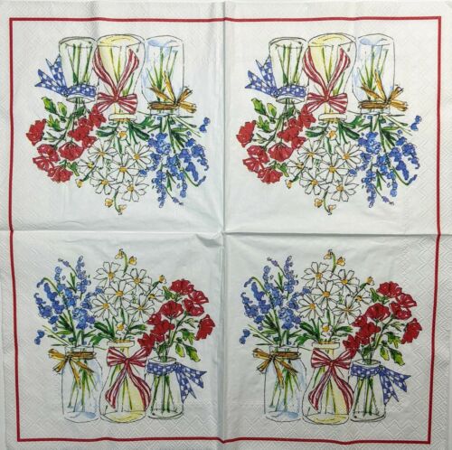 TWO Individual Paper Lunch Decoupage Napkins - Patriotic Floral Vases 1340