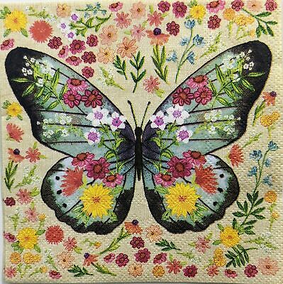 TWO Individual Paper Cocktail Decoupage Napkins - 1475 Floral Butterfly