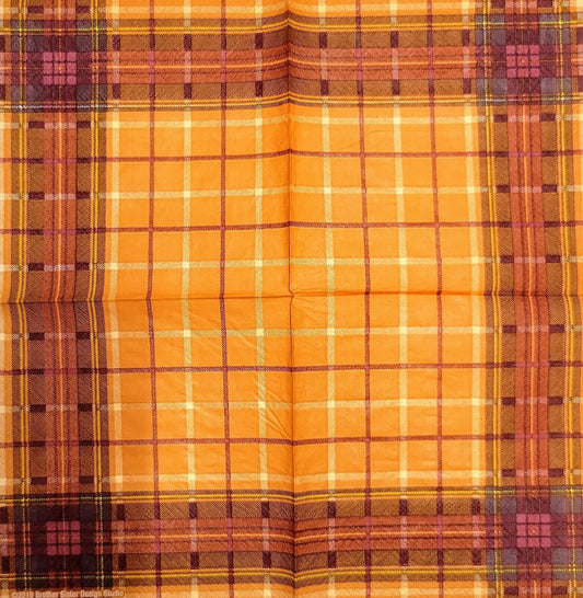 2 Individual Paper Cocktail Decoupage Napkins - 2095 Fall Orange Plaid