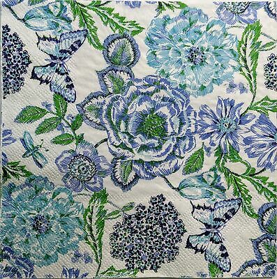 TWO Individual Paper Luncheon Decoupage Napkin - 1506 Floral Blue Butterflies