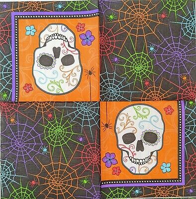 TWO Individual Paper Lunch Decoupage Napkins - 1704 Halloween Skulls & Webs