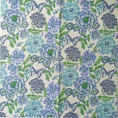 TWO Individual Paper Luncheon Decoupage Napkin - 1506 Floral Blue Butterflies