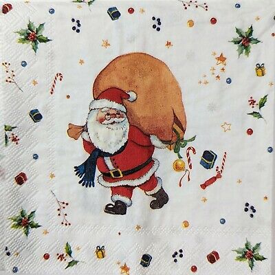 TWO Individual Paper Cocktail Decoupage Napkins - 1699 Holiday Posing Santa