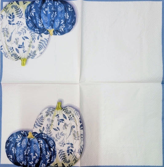 2 Individual Paper Cocktail Decoupage Napkins - 2125 Blue Decorated Pumpkins
